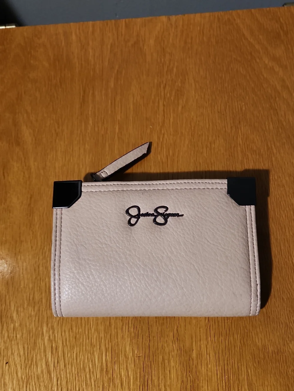 Jessica Simpson Pale Pink Leather Zip-Around Wallet with Black Accents
